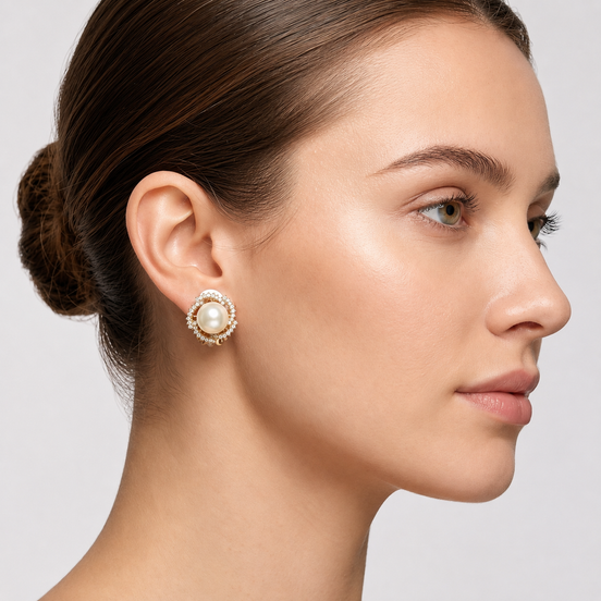Classic Faux Pearl Halo Clip-On Earrings for Women – Gold Tone Crystal Pearl Statement Earrings, 0.8 Inch#HNE90882GD(GB9)