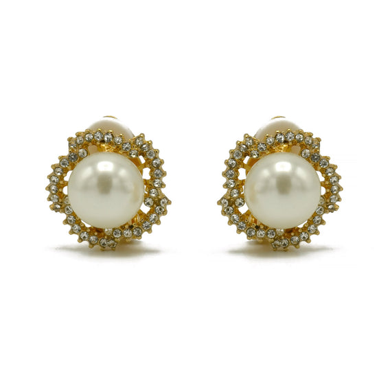 Gold and rhinestone crystal cream Pearl clip on earrings#HNE90882GD(GB9)