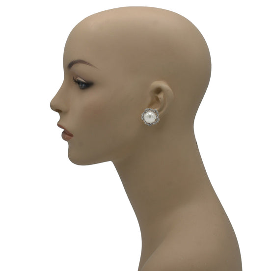 Rhodium and rhinestone crystal cream Pearl clip on earrings #HNE90882RD(GA10)