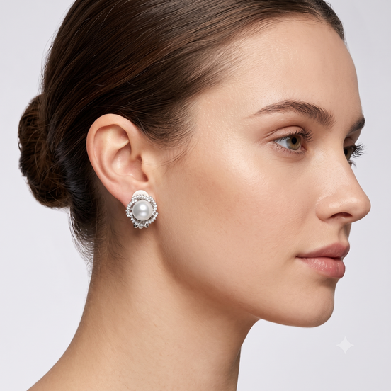 Rhodium and rhinestone crystal cream Pearl clip on earrings #HNE90882RD(GA10)