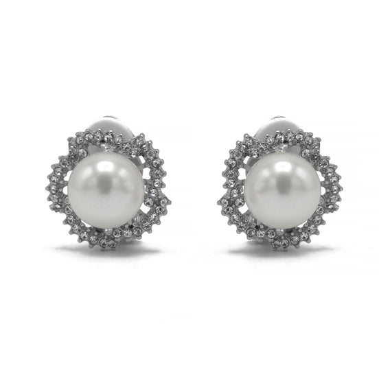 Rhodium and rhinestone crystal cream Pearl clip on earrings #HNE90882RD(GA10)