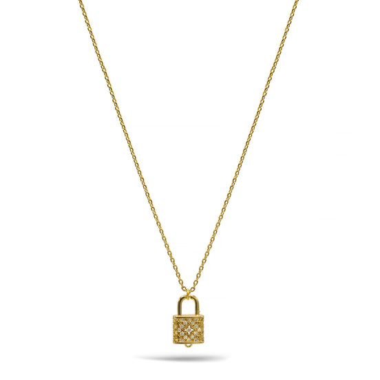 Gold Lock Crystal Charm Pendant Necklace #HNN90867G(NB13)
