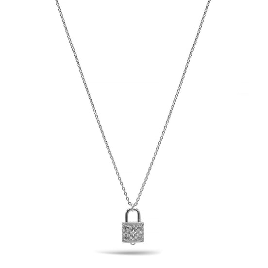 Rhodium Lock Crystal Charm Pendant Necklace #HNN90867R(NB13)