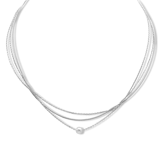 Rhodium Three-Row Thin Chain Short Necklace –15" Layered Dainty Silver-Tone Jewelry #HNN90877R(NF12)