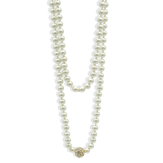 Half White Pearl & Gold Crystal Ball Long Necklace  50"– Elegant Layered Statement Jewelry #HNN90925(SA7/SA8)