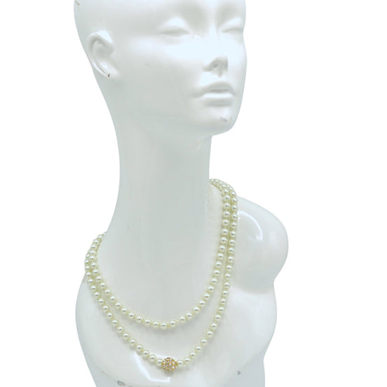 Half White Pearl & Gold Crystal Ball Long Necklace  50"– Elegant Layered Statement Jewelry #HNN90925(SA7/SA8)