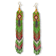 Green, Red,Gold,Black and White Bohemian Seed Bead Long Tassel Earrings #ER-11912(LC2)
