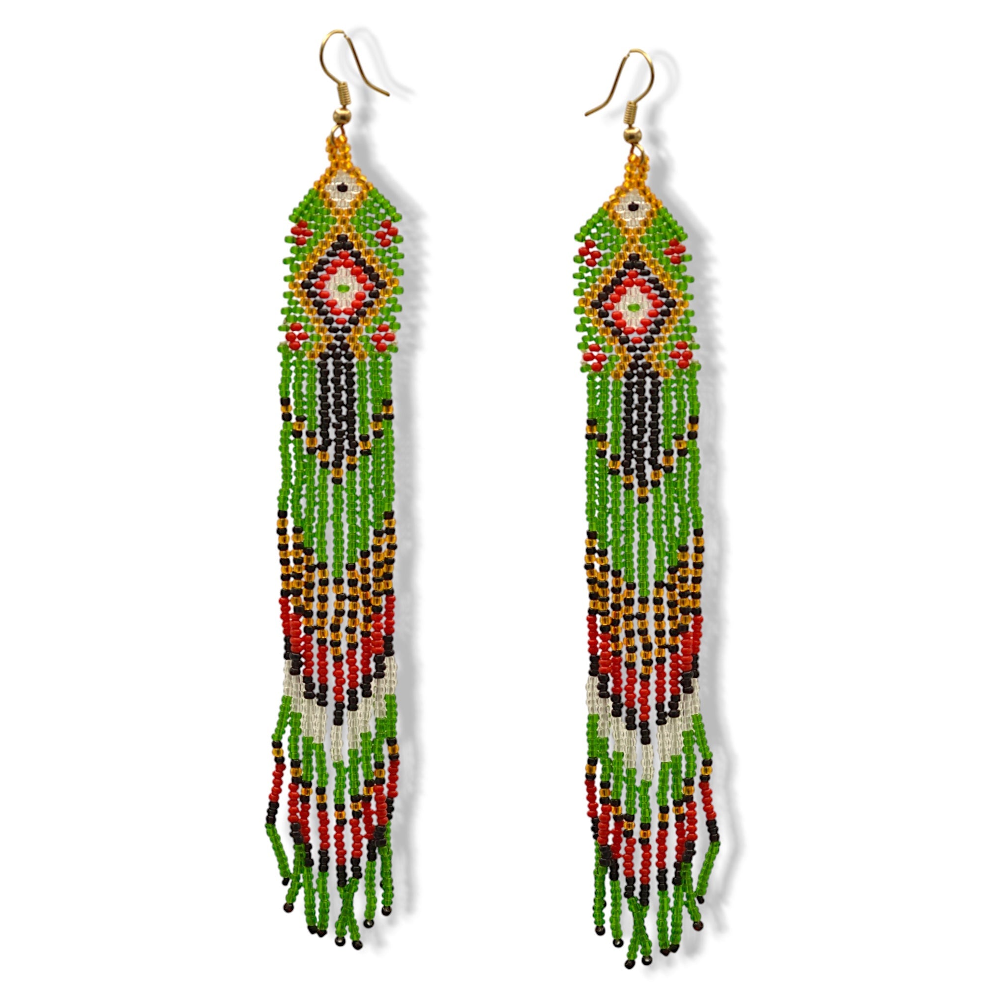 Green, Red,Gold,Black and White Bohemian Seed Bead Long Tassel Earrings #ER-11912(LC2)