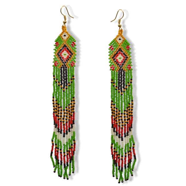 Green, Red,Gold,Black and White Bohemian Seed Bead Long Tassel Earrings #ER-11912(LC2)