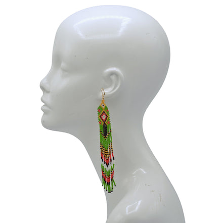 Green, Red,Gold,Black and White Bohemian Seed Bead Long Tassel Earrings #ER-11912(LC2)
