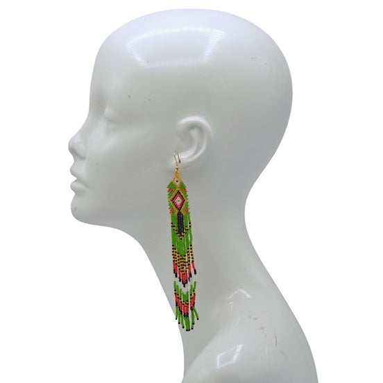 Green, Red,Gold,Black and White Bohemian Seed Bead Long Tassel Earrings #ER-11912(LC2)