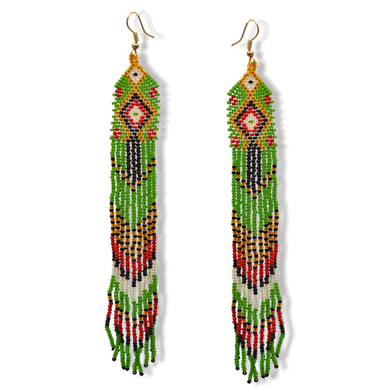 Green, Red,Gold,Black and White Bohemian Seed Bead Long Tassel Earrings #ER-11912(LC2)