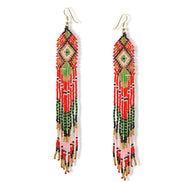 Red, Green,Gold,Black and Pink Bohemian Seed Bead Long Tassel Earrings #ER-11914(LC1)