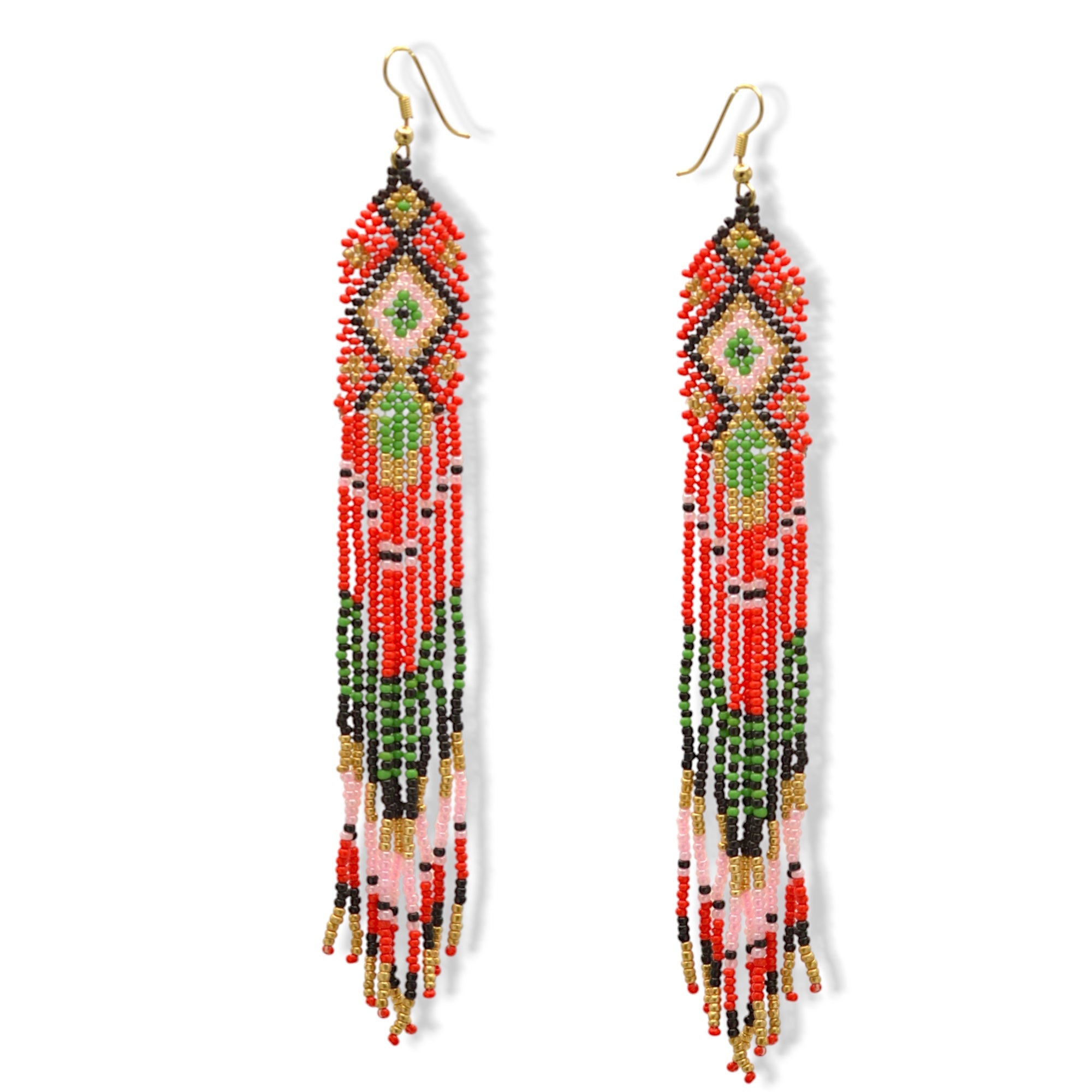 Red, Green,Gold,Black and Pink Bohemian Seed Bead Long Tassel Earrings #ER-11914(LC1)