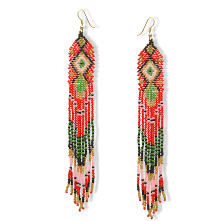 Red, Green,Gold,Black and Pink Bohemian Seed Bead Long Tassel Earrings #ER-11914(LC1)