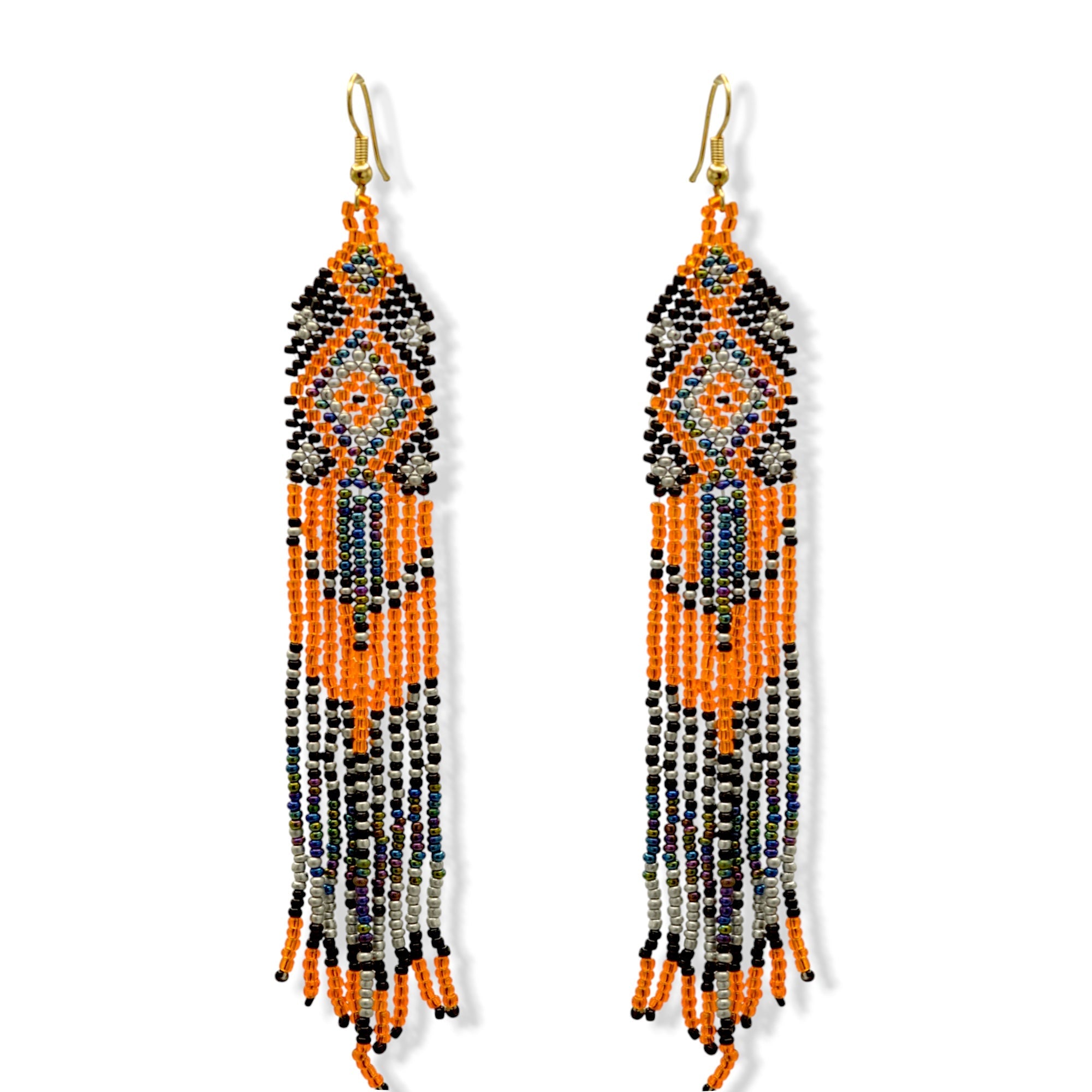 Orange,Black and Grey Bohemian Seed Bead Long Tassel Earrings #ER-11915(MD17)