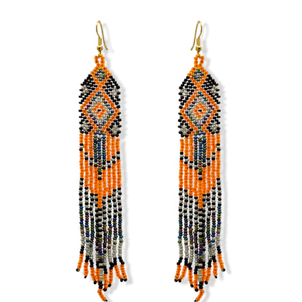 Orange,Black and Grey Bohemian Seed Bead Long Tassel Earrings #ER-11915(MD17)