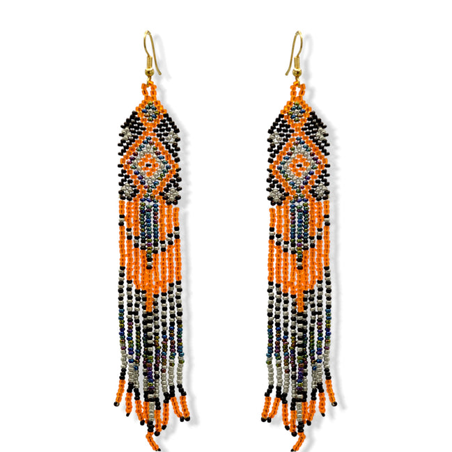 Orange,Black and Grey Bohemian Seed Bead Long Tassel Earrings #ER-11915(MD17)