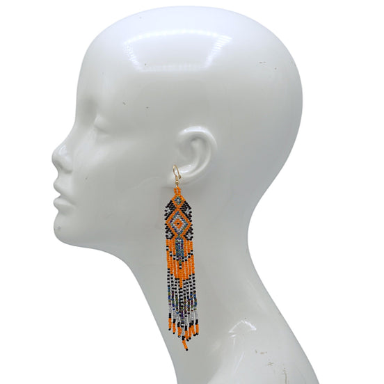 Orange,Black and Grey Bohemian Seed Bead Long Tassel Earrings #ER-11915(MD17)