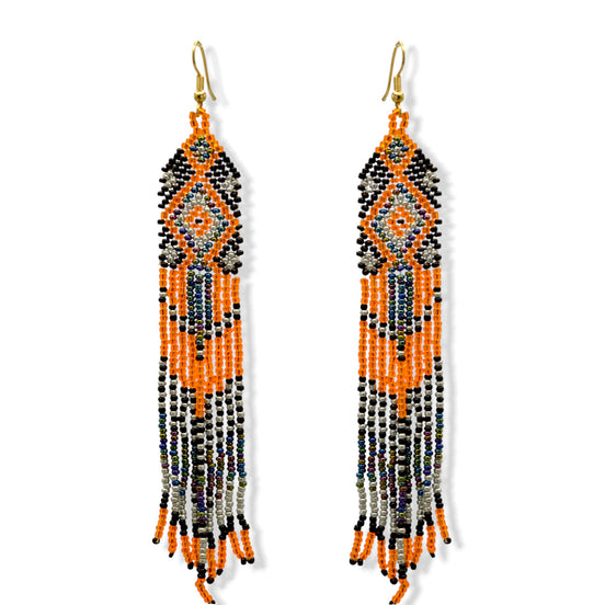 Orange,Black and Grey Bohemian Seed Bead Long Tassel Earrings #ER-11915(MD17)