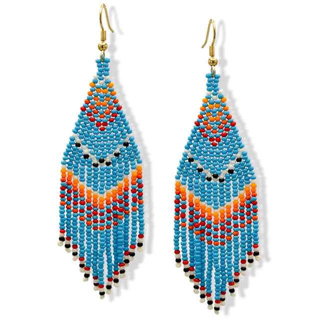 Bohemian Seed Bead Tassel Earring – Blue with Red, Yellow, White & Black Accents 4" long #ER-11921(MB16)