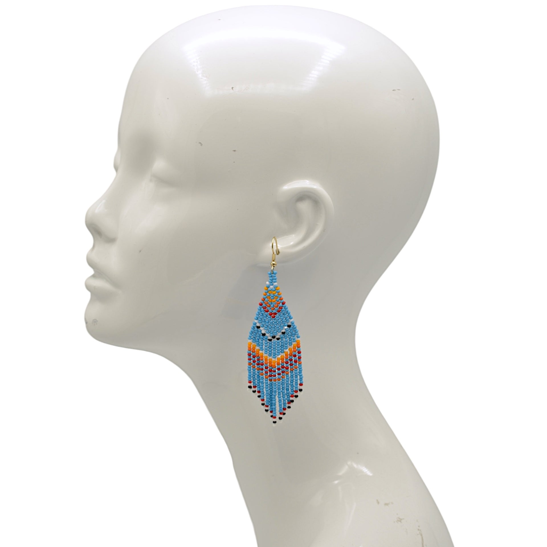 Bohemian Seed Bead Tassel Earring – Blue with Red, Yellow, White & Black Accents 4