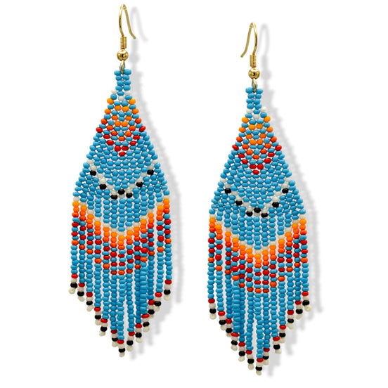 Bohemian Seed Bead Tassel Earring – Blue with Red, Yellow, White & Black Accents 4" long #ER-11921(MB16)