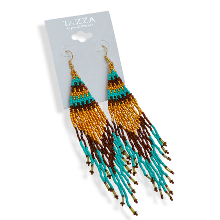 Turquoise, Gold, and Brown Seed Bead Long Tassel Earrings#ER-11922(MB16)