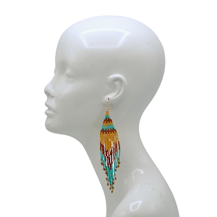 Turquoise, Gold, and Brown Seed Bead Long Tassel Earrings#ER-11922(MB16)