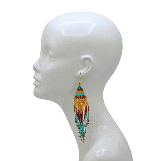 Turquoise, Gold, and Brown Seed Bead Long Tassel Earrings#ER-11922(MB16)