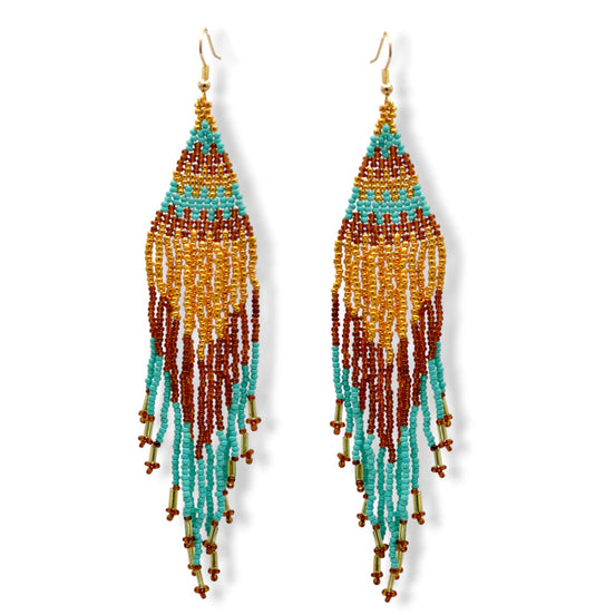 Turquoise, Gold, and Brown Seed Bead Long Tassel Earrings#ER-11922(MB16)