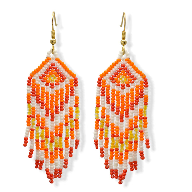 Bohemian Seed Bead Tassel Earring – 4"Orange with Red, Yellow & White Accents #ER-11923(MB16)