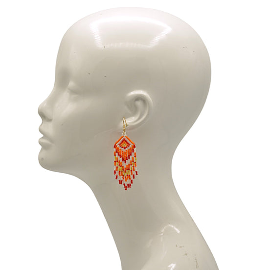 Bohemian Seed Bead Tassel Earring – 4"Orange with Red, Yellow & White Accents #ER-11923(MB16)
