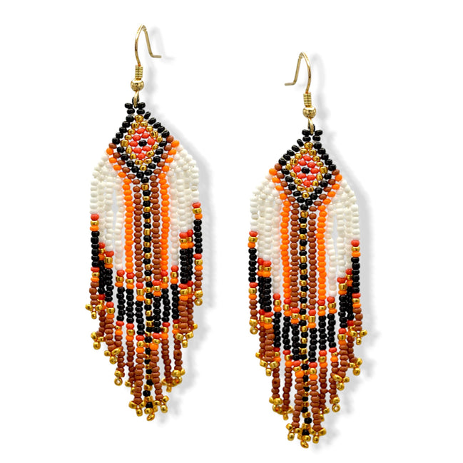 Bohemian Seed Bead Tassel Earring – 4" Brown with Orange, Gold, Black & White Accents #ER-11925(LC1)