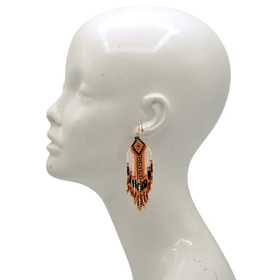 Bohemian Seed Bead Tassel Earring – 4" Brown with Orange, Gold, Black & White Accents #ER-11925(LC1)