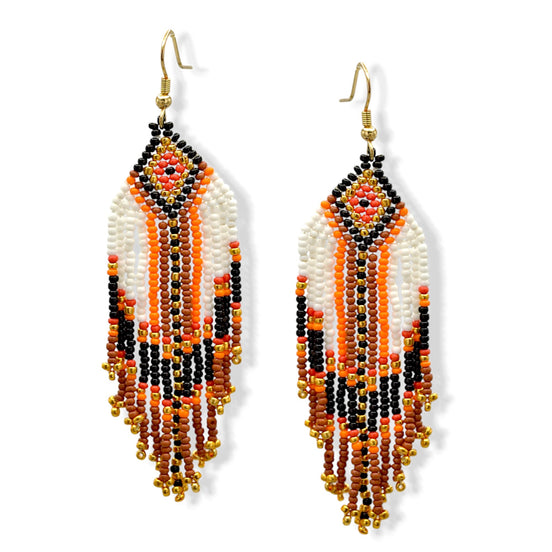 Bohemian Seed Bead Tassel Earring – 4" Brown with Orange, Gold, Black & White Accents #ER-11925(LC1)