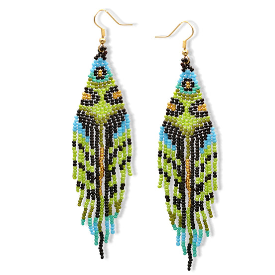 Bohemian Seed Bead Tassel Earring – 4" Green with Blue,Gold & Black Accents #ER-11926(LC1)