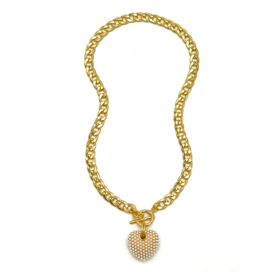 Cream Pearl Gold Heart Charm Pendant With cuban link Chain Necklace 20" #HNN90958GDCM(LG11)