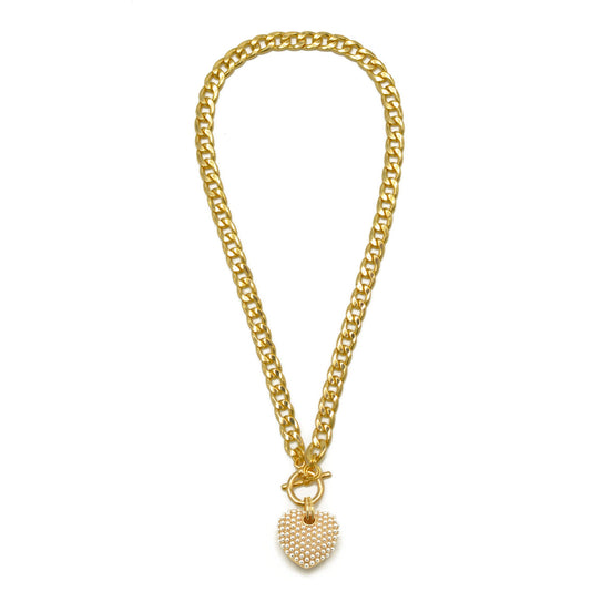 Cream Pearl Gold Heart Charm Pendant With cuban link Chain Necklace 20" #HNN90958GDCM(LG11)
