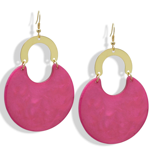 Gold DEEP Magenta Marbled Resin Drop Earrings 3.2" #FWNK-2202-116C(IF26)