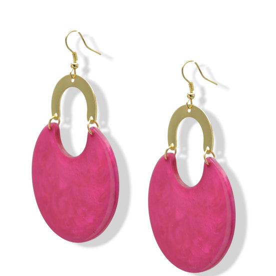 Gold DEEP Magenta Marbled Resin Drop Earrings 3.2" #FWNK-2202-116C(IF26)
