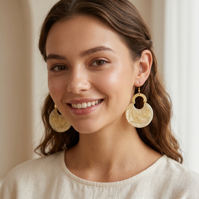 Gold Cream Marbled Resin Drop Earrings – 3.3" Statement Dangles #FWNK-2202-116E(RE14)
