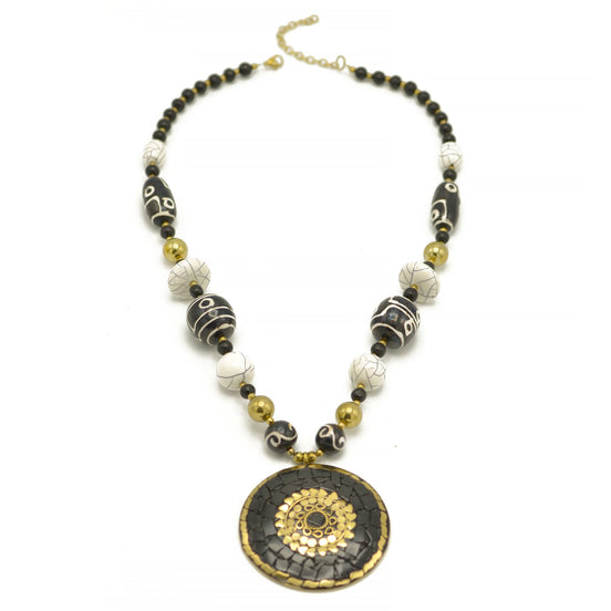Black Gold and Ivory beads with Black and gold Round pendant necklace #FWNK-2302-125 OPT-02