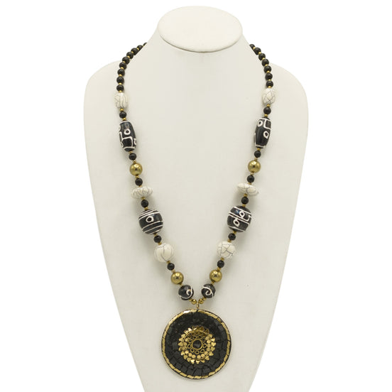 Black Gold and Ivory beads with Black and gold Round pendant necklace #FWNK-2302-125 OPT-02