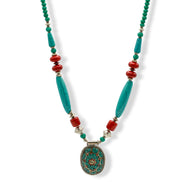 Turquoise Coral and Silver Beads with Turquoise Silver pendant Necklace #FWNK-2302-107
