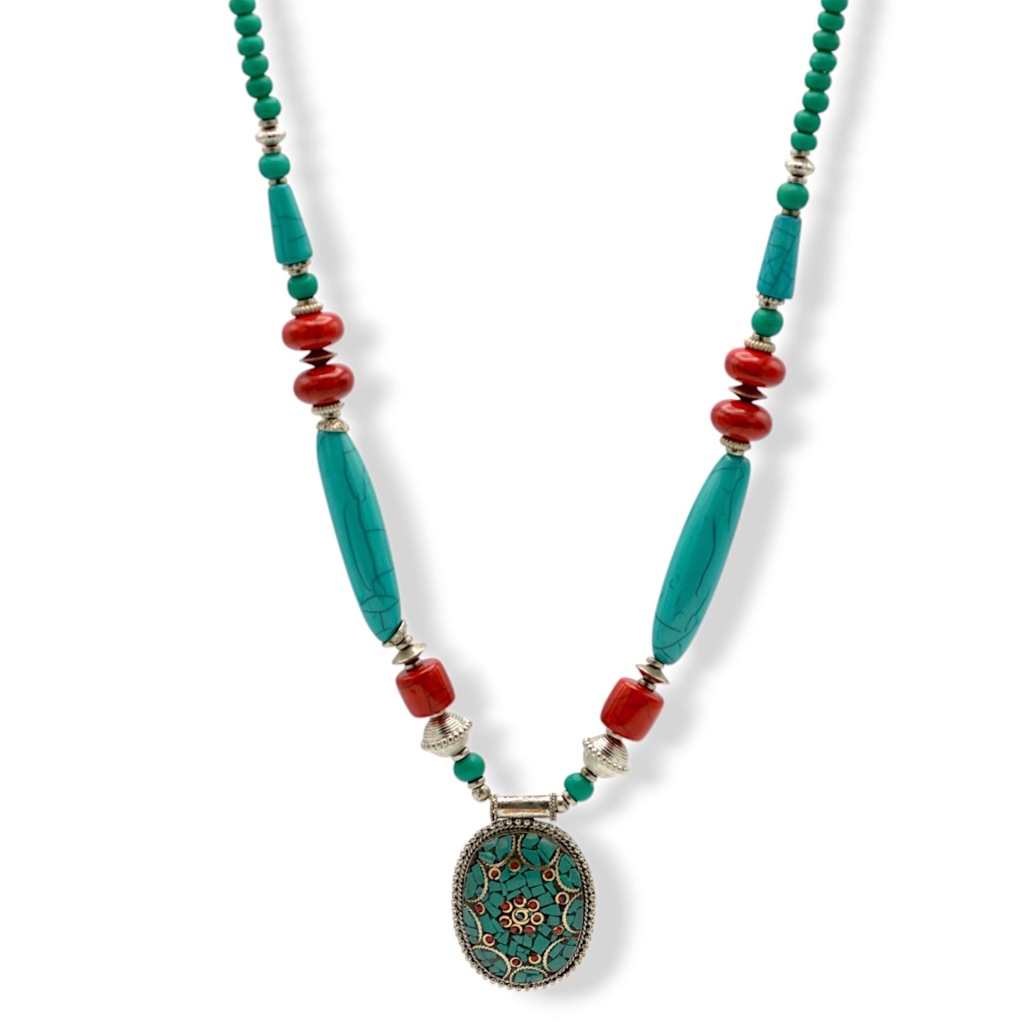 Turquoise Coral and Silver Beads with Turquoise Silver pendant Necklace #FWNK-2302-107