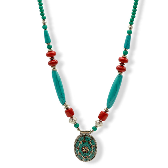 Turquoise Coral and Silver Beads with Turquoise Silver pendant Necklace #FWNK-2302-107