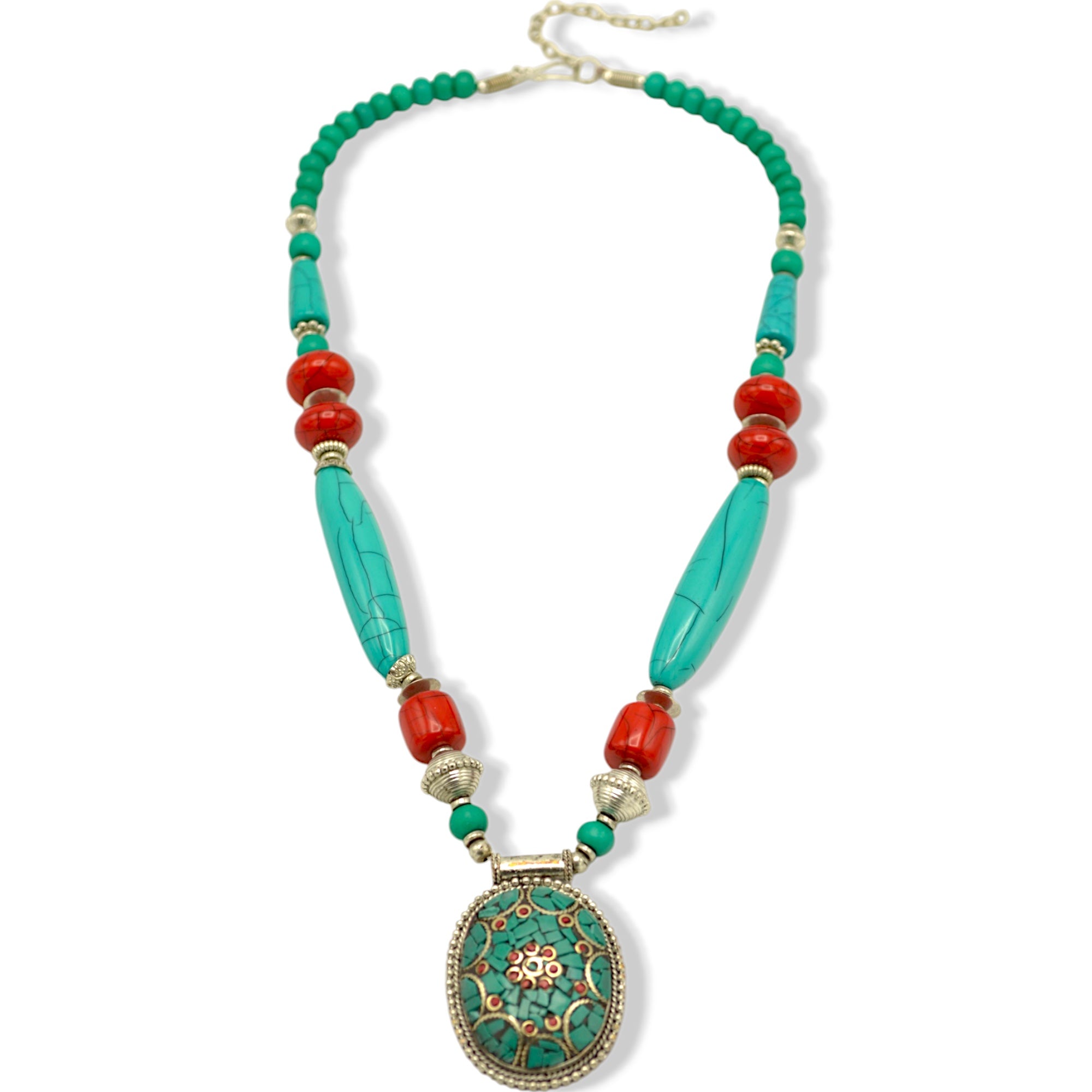 Turquoise Coral and Silver Beads with Turquoise Silver pendant Necklace #FWNK-2302-107