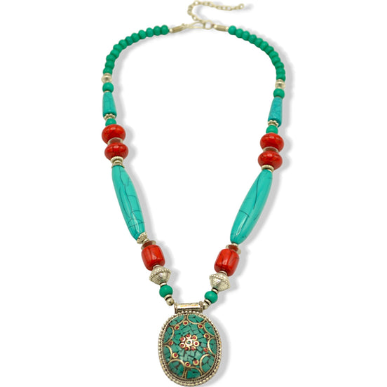 Turquoise Coral and Silver Beads with Turquoise Silver pendant Necklace #FWNK-2302-107