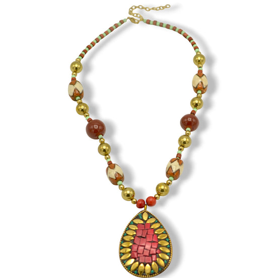 Brown Turquoise And Gold Beads Teardrop Coral And Gold Pendant Necklace#FWNK-2209-42